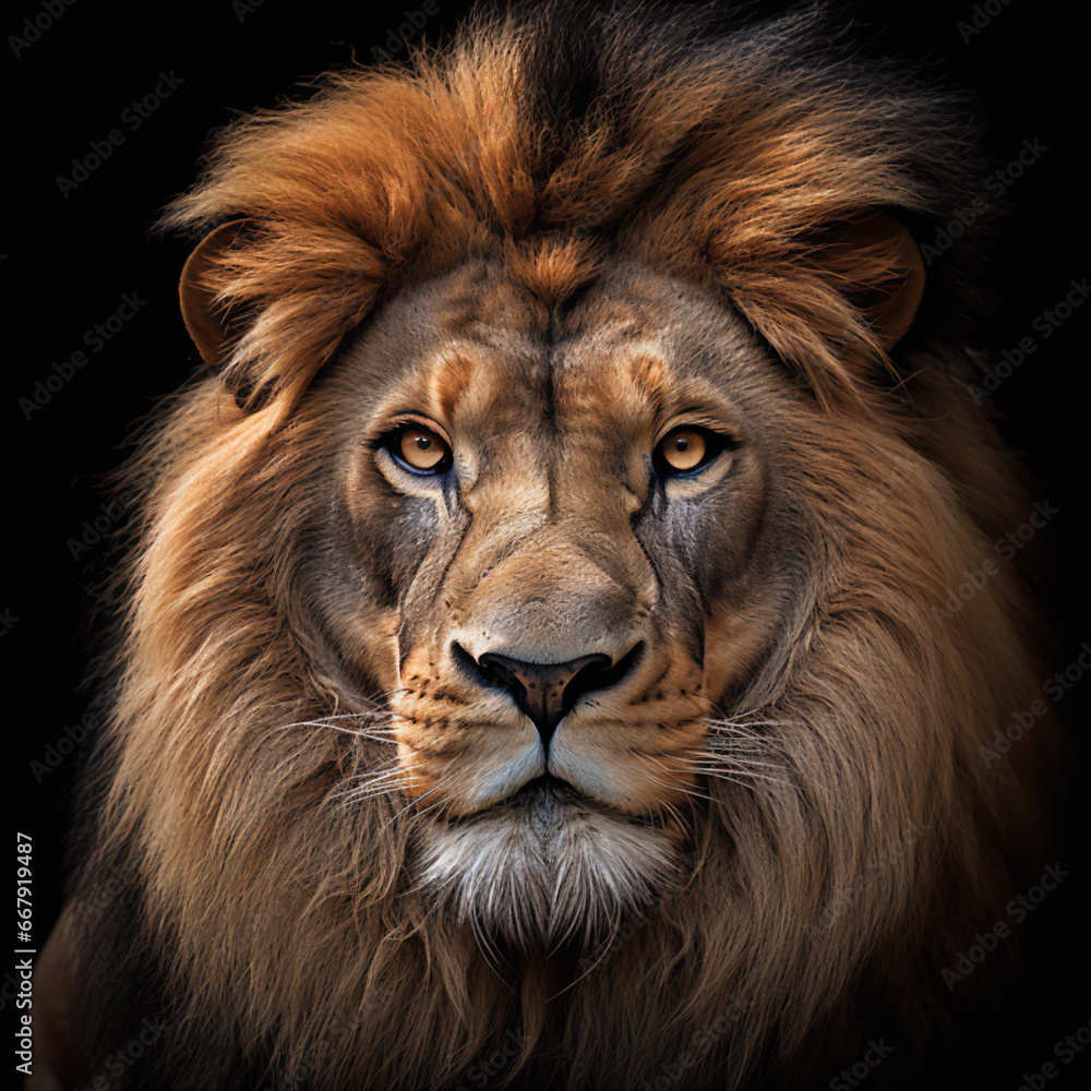 Detailed Shot of a Lion on a Black Background Captured with Wide Angle Lens and Enhanced by Photoshop CC