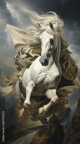 Majestic White Horse Adorned in an Elegant Cloak Against a Dramatic Surrealism Background, Defying the Boundaries of Imagination