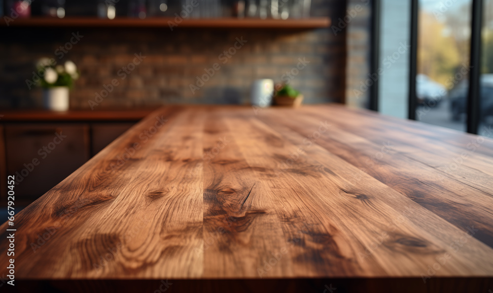 Acercamiento a una mesa rústica de madera vacía en una cafetería moderna