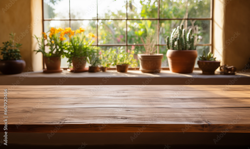 Acercamiento a una mesa rústica de madera vacía en una cocina de una hermosa casa mexicana