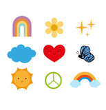 Figuras de colores que representan el amor y la paz. Contiene sol, corazón, nubes, arcoiris. Editable los colores. Fondo transparente