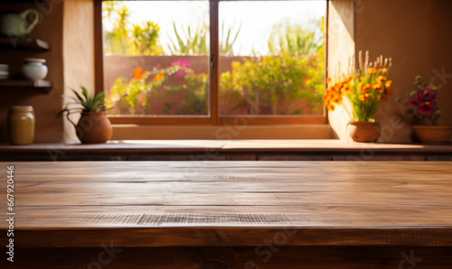 Acercamiento a una mesa rústica de madera vacía en una cocina de una hermosa casa mexicana photo