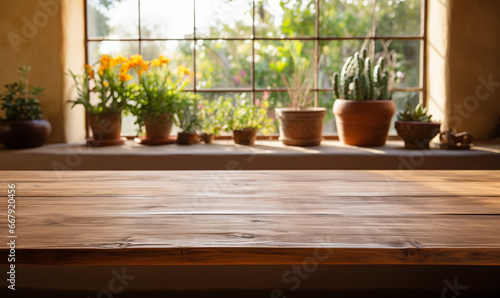 Acercamiento a una mesa r  stica de madera vac  a en una cocina de una hermosa casa mexicana