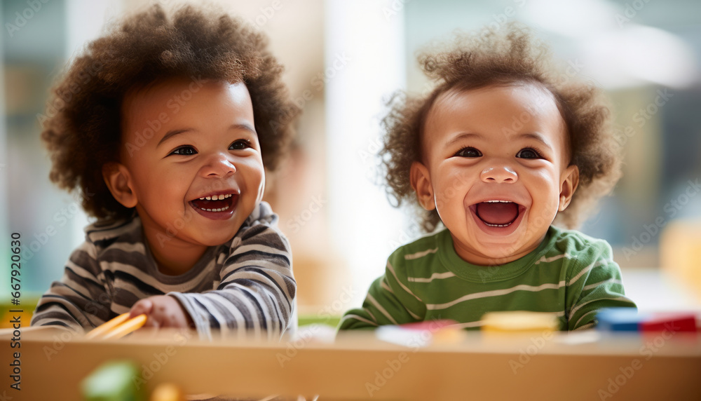 African American and Caucasian babies bonding in daycare,generative ai African American and Caucasian babies bonding in daycare,generative ai