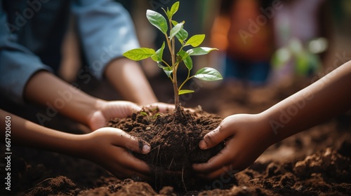 Children planting trees, celebrating nature's beauty. Reforestation hope for cleaner future. Earth's health responsibility. photo