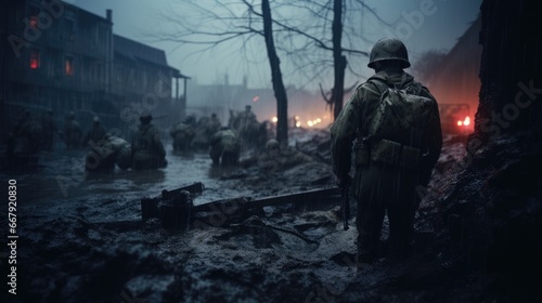 The Fury of Battle  A Glimpse of World War I Soldiers in a Chaotic Scene of Smoke  Rain  Explosions  and Fire Amidst Utter Destruction  Illustrating the Harsh Realities of Wartime.  