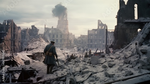 Desolation in the Heart of Frozen Stalingrad: A War Film Still Depicts Soviet Soldiers' Heroic Advance Through the Brutal Winter of 1942, Amidst a Devastated Cityscape. photo