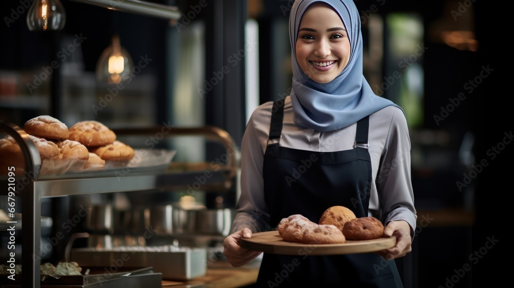 Portrait of a beautiful Muslim female barista serving coffee and cake on a tray, smiling, The background is sorted on the copy space.