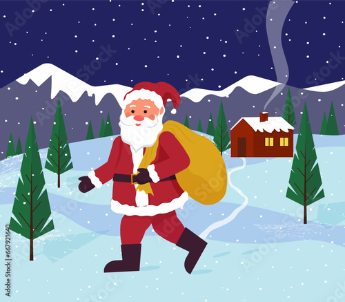 Santa Claus is coming with gifts. Christmas illustration. Santa Claus's house in Lapland. Vector. For packaging, cards, congratulations and invitations, web pages and social networks. © Irina