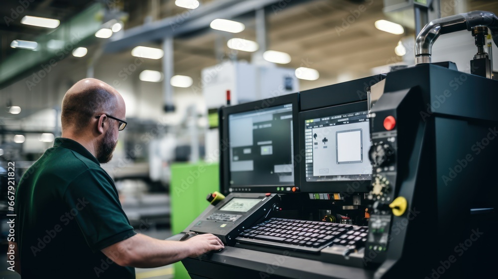 An Selective focus on CNC machine: Industrial worker inspects work in an industrial factory, controlling a CNC machine with a laptop. An Selective focus on CNC machine: Industrial worker inspects work in an industrial factory, controlling a CNC machine with a laptop.