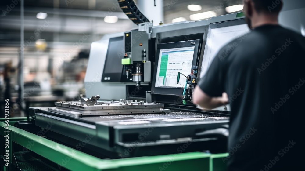 An Selective focus on CNC machine: Industrial worker inspects work in an industrial factory, controlling a CNC machine with a laptop.