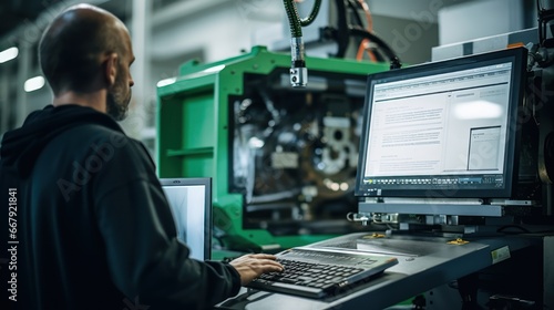An Selective focus on CNC machine: Industrial worker inspects work in an industrial factory, controlling a CNC machine with a laptop.