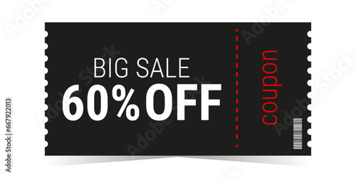 Discount voucher and sale coupon template layout. Black and red design. Coupon with a big discount. Simple design. Isolated vector illustration.