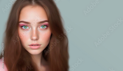 retrato joven mujer con pecas y ojos claros  sobre un fondo liso verdoso  photo