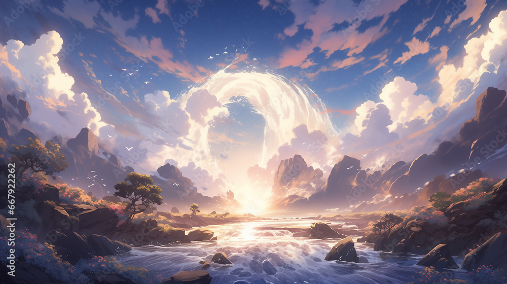 Radiant Sunlit Anime Landscapes: Atmospheric Intensity Unveiled - obrazy, fototapety, plakaty 