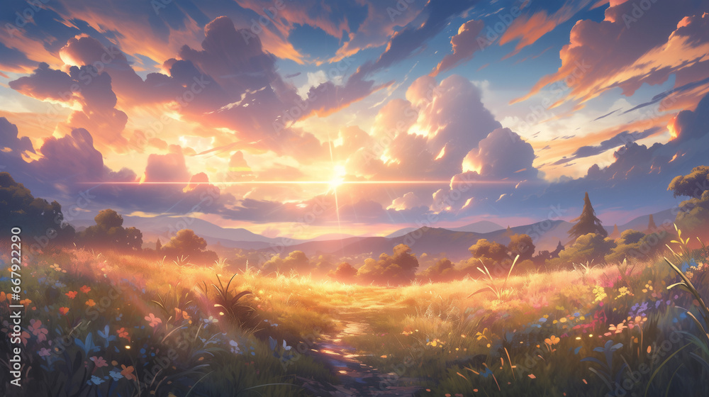 Radiant Sunlit Anime Landscapes: Atmospheric Intensity Unveiled