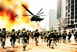 Soldiers in military uniform in a photorealistic depiction of a destroyed city. A downed helicopter blazing in flames falls.
