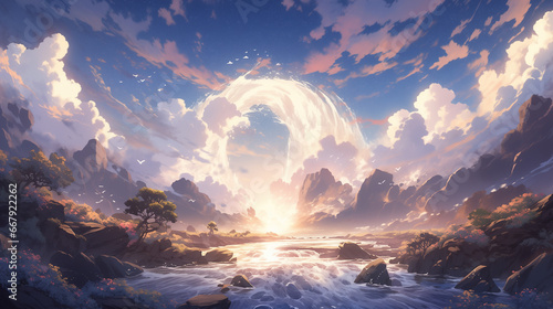 Radiant Sunlit Anime Landscapes: Atmospheric Intensity Unveiled #667922262
