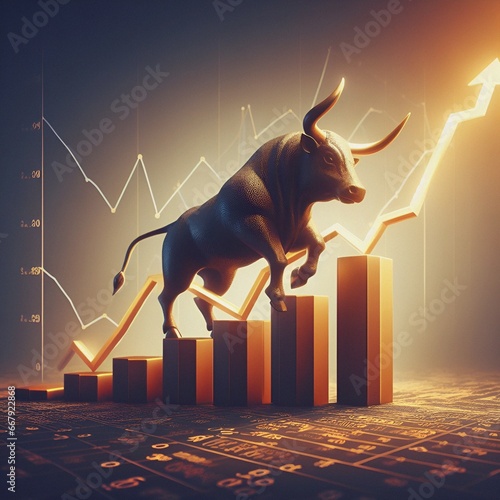 The concept of a growing trend in the global financial markets. Glass bull on the background of stock quotes. Stock market and business finance.