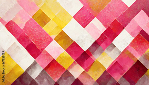 Abstract background pattern in pink red white and yellow colors with textured pattern diamonds or square shapes layered in random pattern © Donald