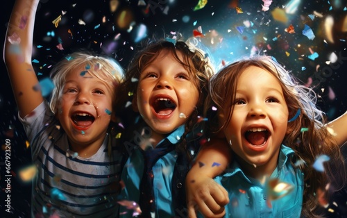Group of smiling kids under falling confetti at birthday party