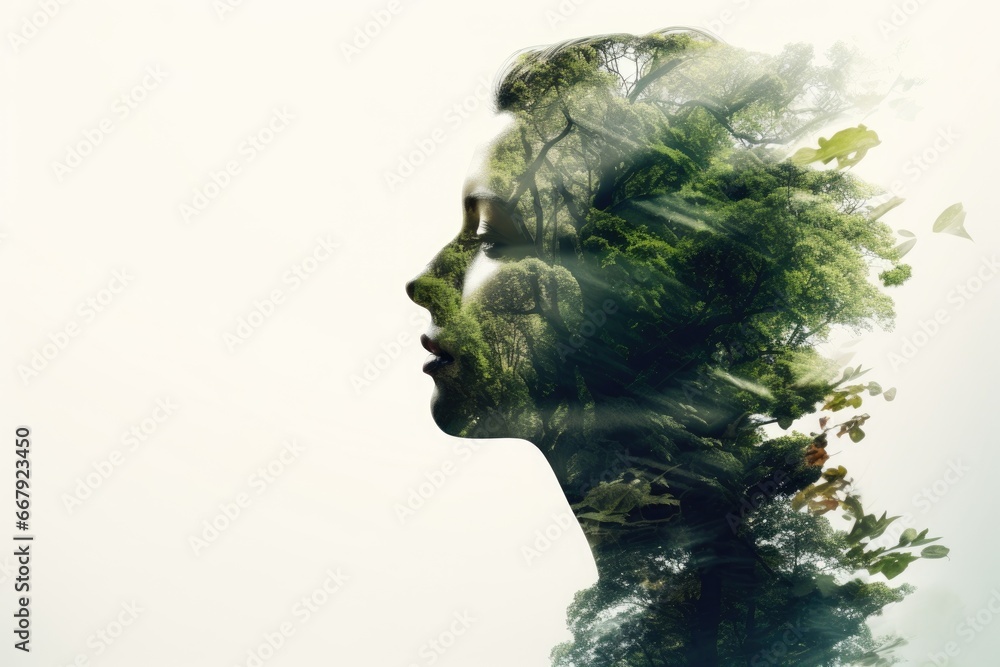 Double exposure of a young beautiful girl among a green forest. Portrait of a woman in profile, creativity, art, conceptual illustration. Isolated on white background