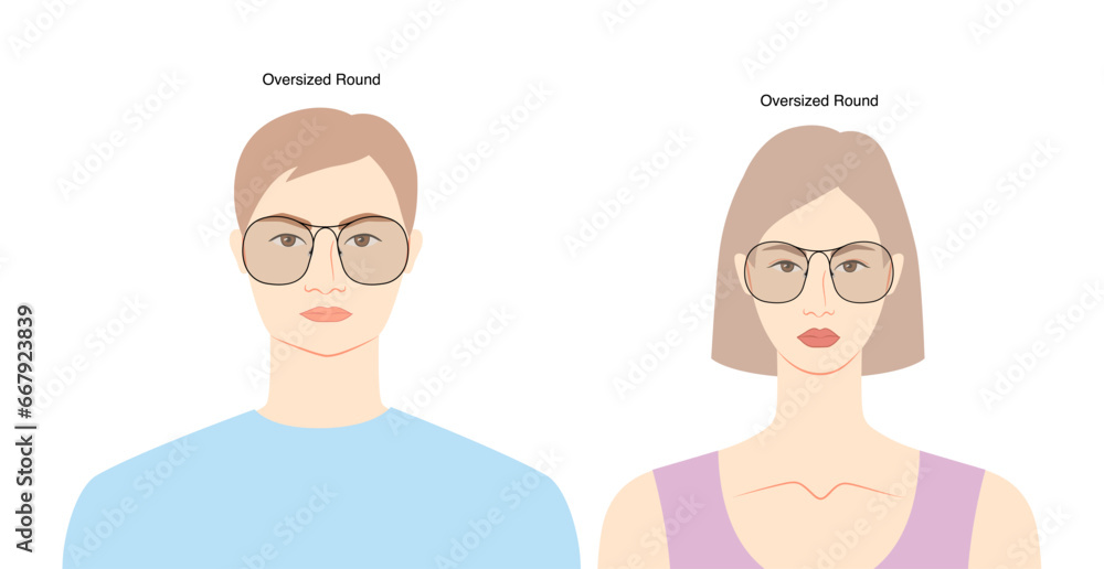Oversized Round frame glasses on women and men flat character fashion accessory illustration. Sunglass front view unisex style, rim spectacles eyeglasses, lens sketch style outline isolated on white Oversized Round frame glasses on women and men flat character fashion accessory illustration. Sunglass front view unisex style, rim spectacles eyeglasses, lens sketch style outline isolated on white