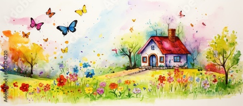 Summer brings joy to children as they draw butterflies near a colorful birch house surrounded by flowers With copyspace for text