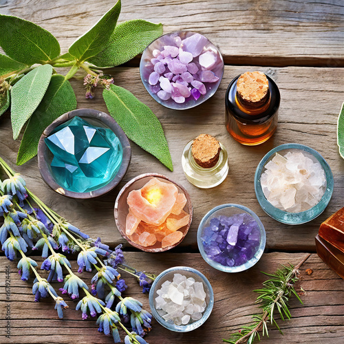 A set of healing crystals, aromatic oils, and sage.