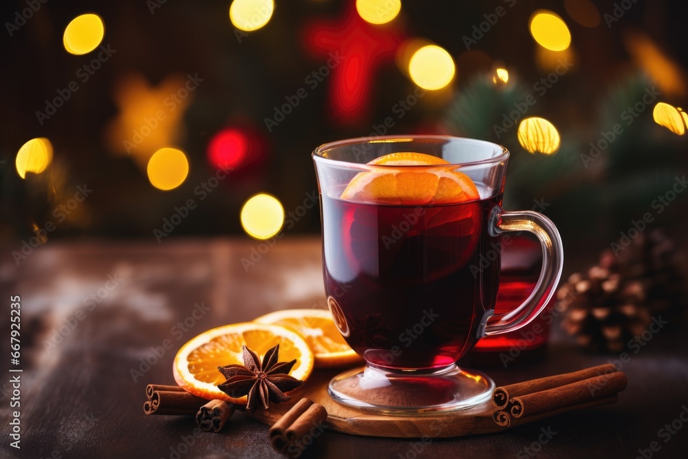 Christmas mulled red wine with spices and fruits on a wooden table against a background of Christmas lights. Traditional hot drink at Christmas Christmas mulled red wine with spices and fruits on a wooden table against a background of Christmas lights. Traditional hot drink at Christmas