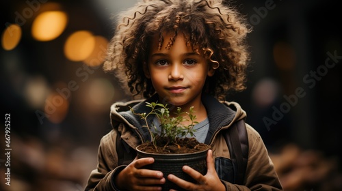Imagem sobre ecologia, sustentabilidade e consciência ambiental. Criança segurança uma muda de planta, mostrando a importância da educação ambiental para as crianças do mundo. photo