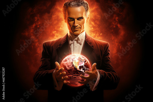 Evil in human form holds the  planet Earth in his hands, fantasy style, fire background photo