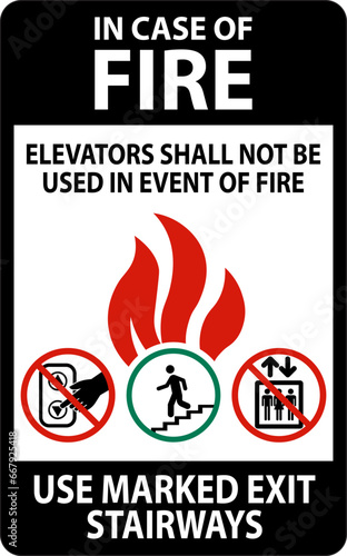 In Case Of Fire Sign: Elevators Shall Not Be Used In Event Of Fire, Use Marked Exit Stairways