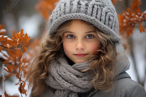 Winter girl portrait in the snow. Stylish look, warm woolen coat, grey hat, scarf, snood. Winter family activities, sport, games outdoors. Enjoyment and delight in winter. Warm woolen winter clothes.