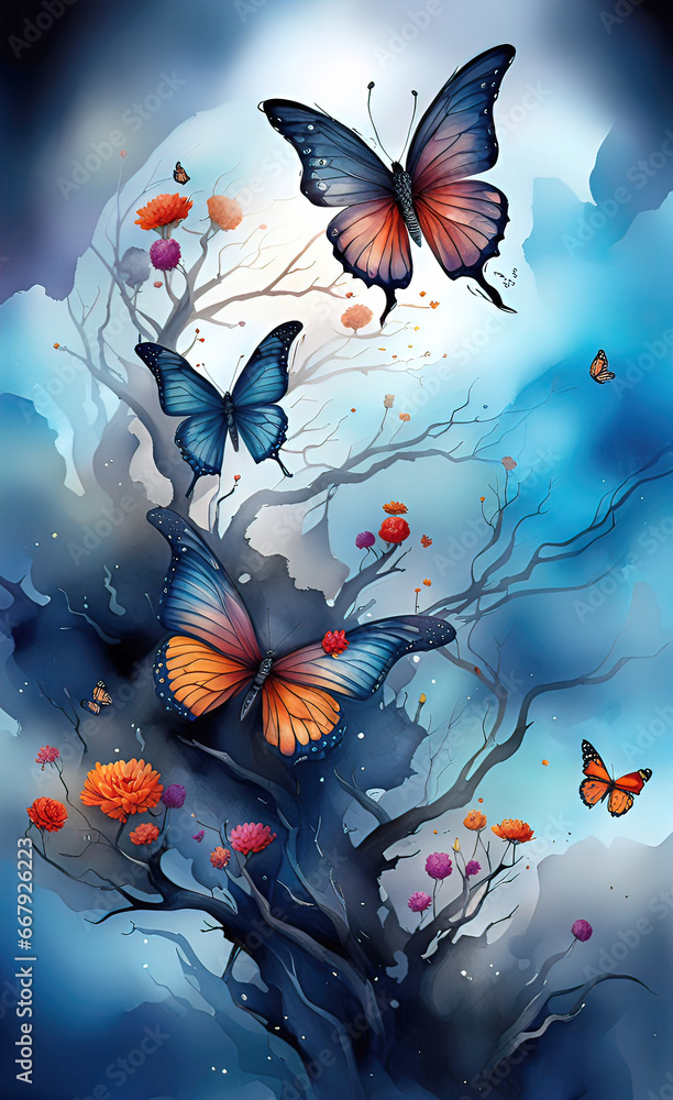 watercolor llustration of a landscape of blossoms, flower, branches, dragonflies and butterflies with a sky background watercolor llustration of a landscape of blossoms, flower, branches, dragonflies and butterflies with a sky background