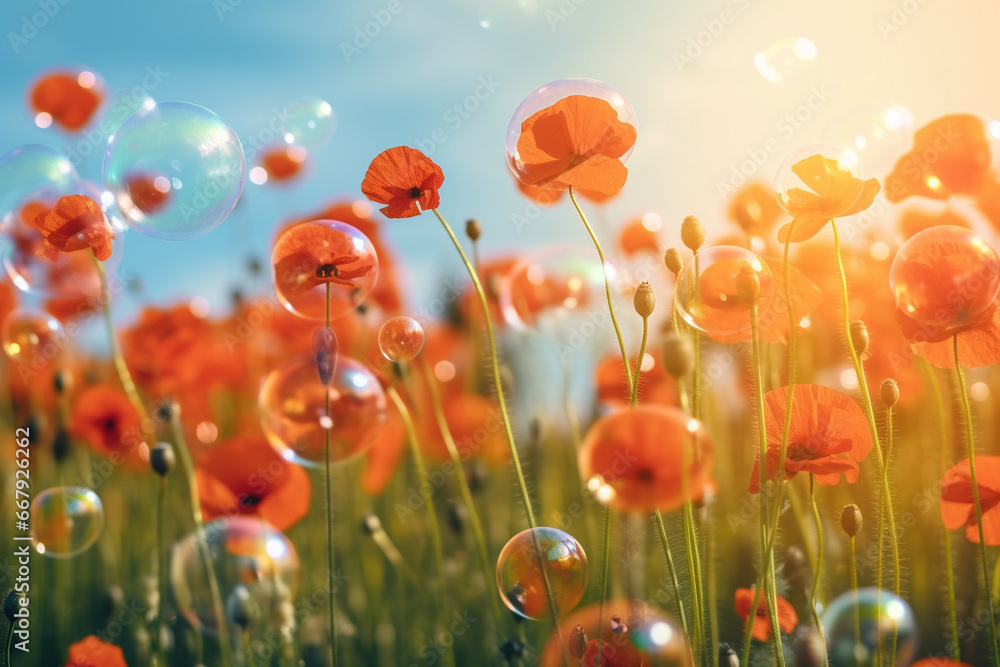 Soap bubbles in poppies field with copy space, Generative AI