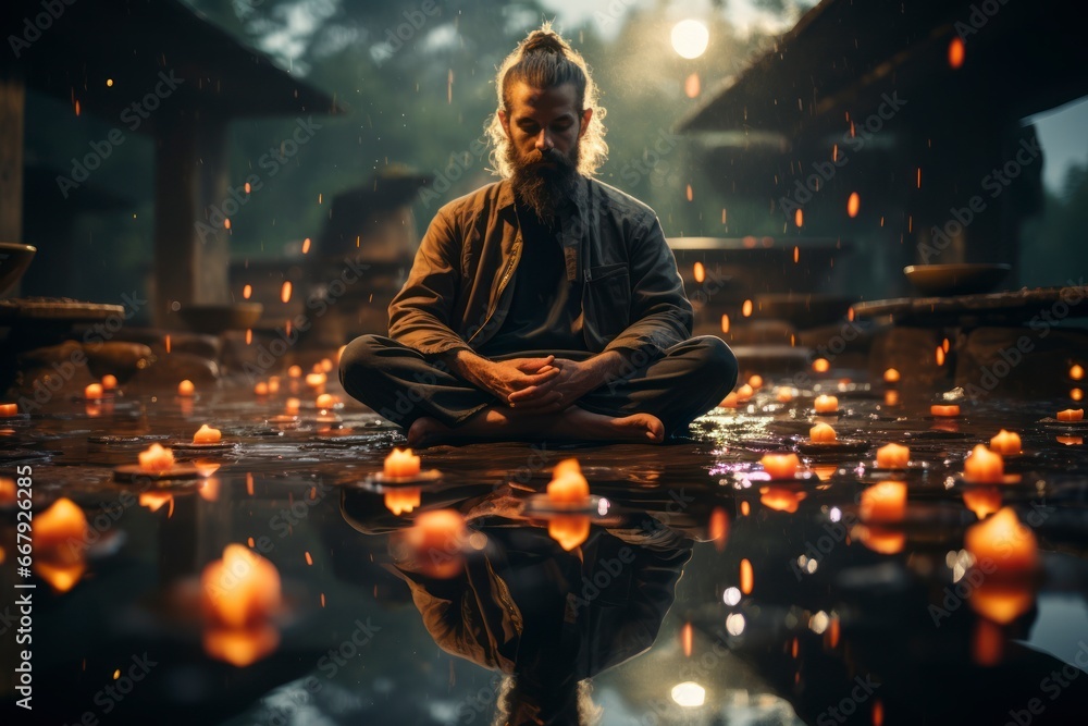 Person practices yoga and meditates in the lotus position. Person practices yoga and meditates in the lotus position.