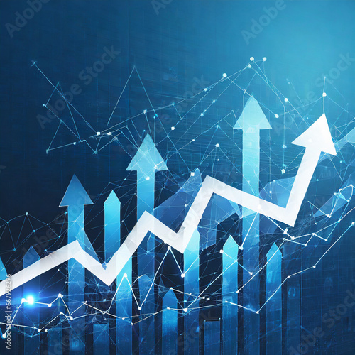 Abstract digital growing arrows up graph chart on technological blue low poly wireframe background. Boosting of business result concept. Polygonal finance glowing illustration. Success and Investmen