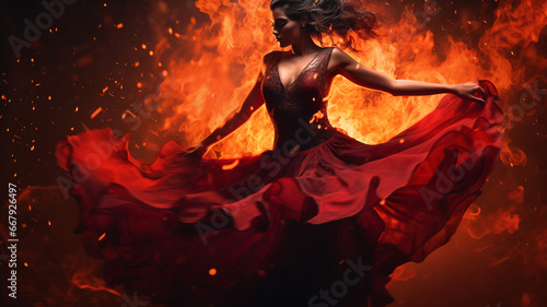 A girl performs a fiery flamenco dance, her movements echoing the passionate intensity of Spanish tradition amidst swirling flames.