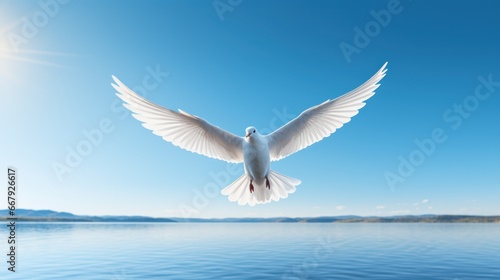A graceful dove soaring against a clear and serene blue sky