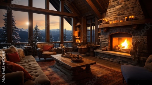 Cozy cabins with roaring fireplaces nestled in icy mountains © vectorizer88