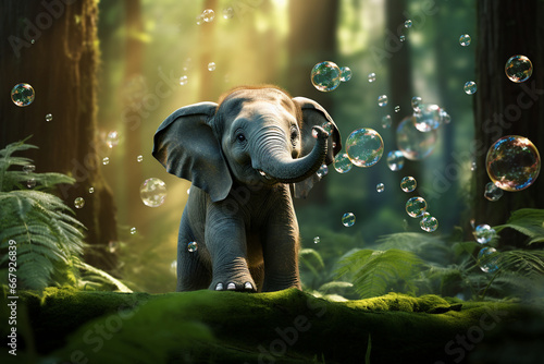 Small elephant in the forest with soap bubbles around, Generative AI