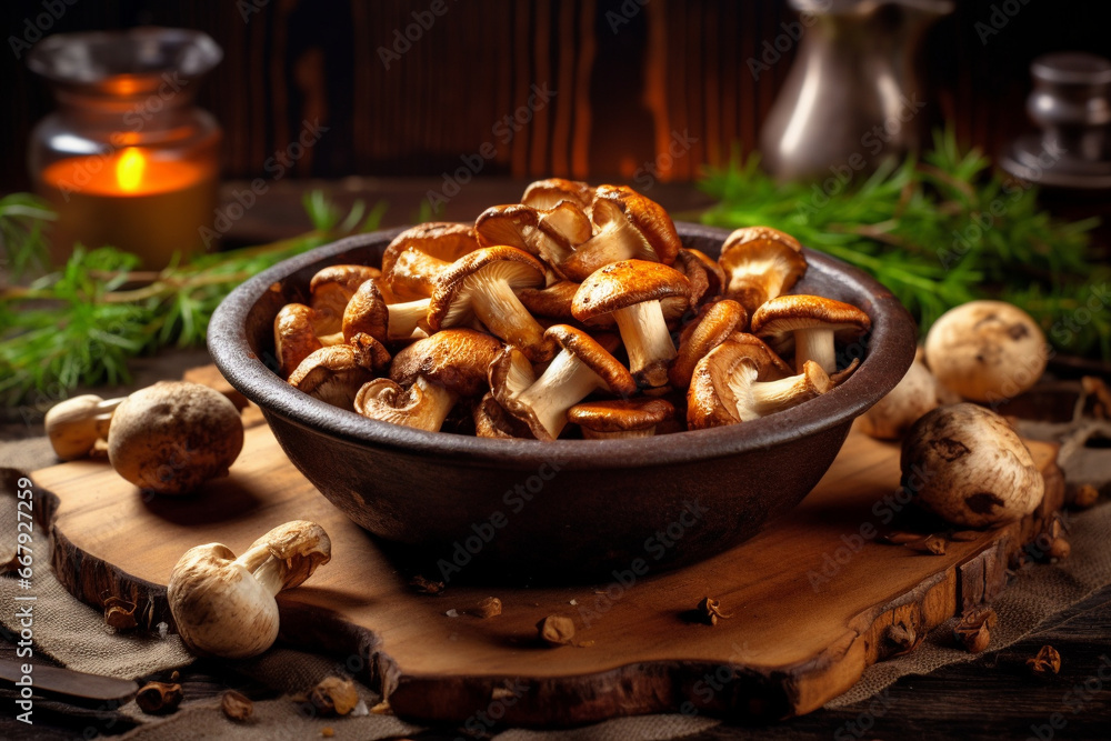 Fototapeta premium Roasted mushrooms onn wooden desk, Generative AI