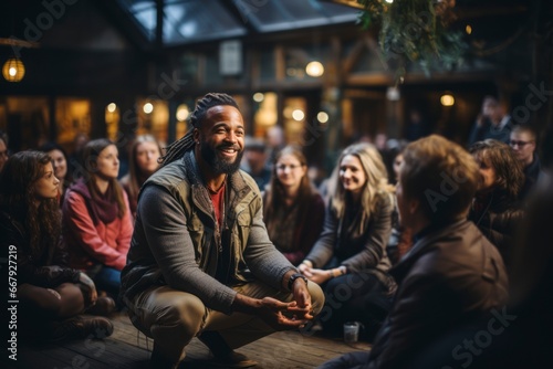 Support group meeting, with people gathered to discuss and share their experiences with mental health challenges.