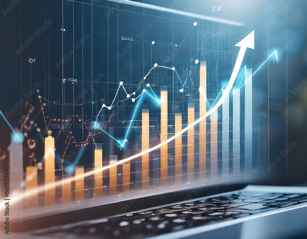 Abstract growing graph chart on a computer monitor screen. Finance growth. Digital arrows up and diagram. Investment or business strategy Abstract growing graph chart on a computer monitor screen. Finance growth. Digital arrows up and diagram. Investment or business strategy