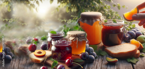 bodegón de mermelada de frutas y frutas frescas en tabla rústica photo