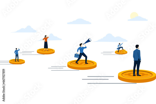 Concept of united business team flying astride money on the way to goals and success. target team. Flat vector illustration on white background.