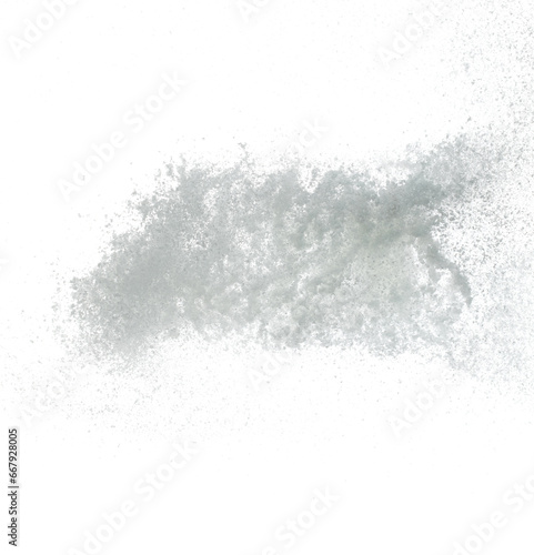 Photo image of falling down snow, heavy big small size snows. Freeze shot on white background isolated overlay. Fluffy White snowflakes splash cloud in mid air. Real Snow throwing