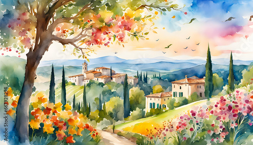 watercolor illustration of a landscape with flowers, branches, trees, river and birds against the sky photo