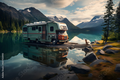 RV recreation vehicle parked next to lake during summer time